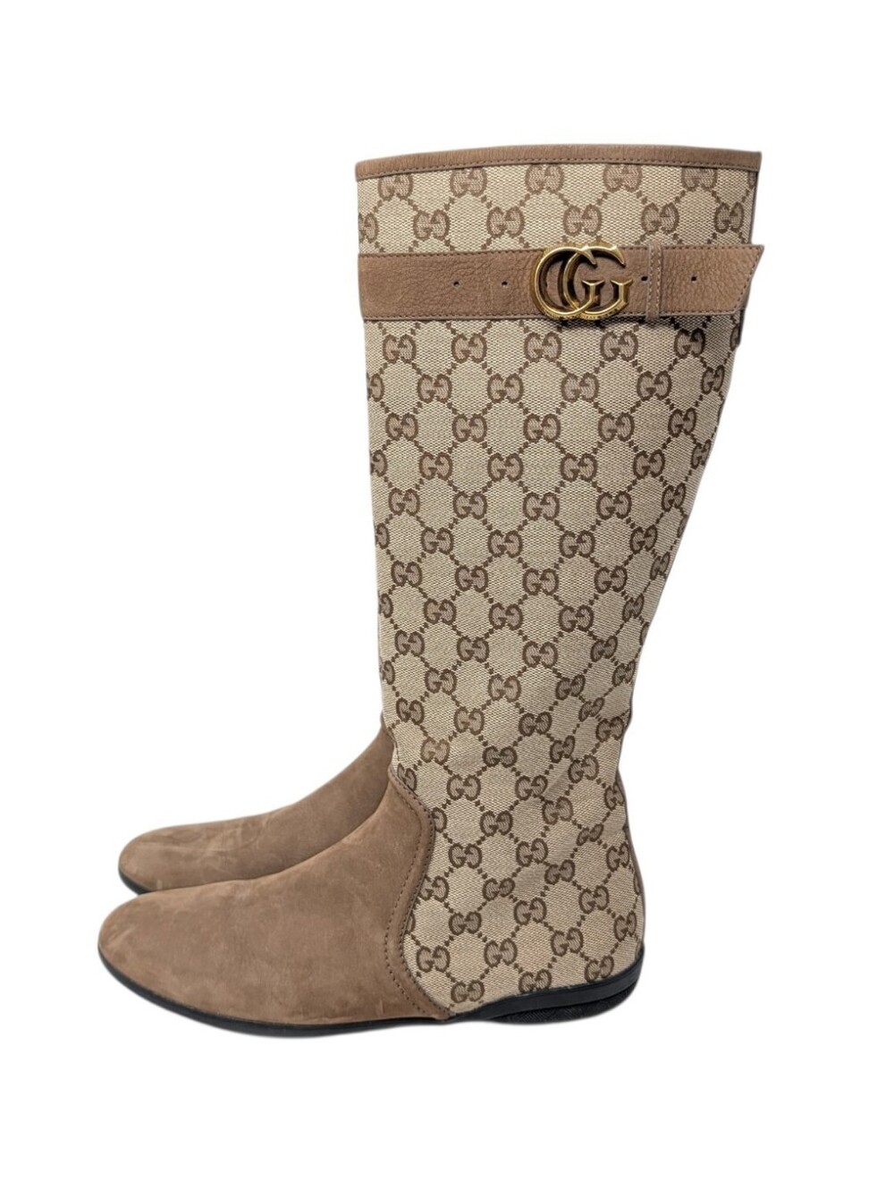 Gucci Monogram Beige Brown Canvas Suede Knee High Flat Riding Boots Size EU 37.5 - Picture 5 of 14